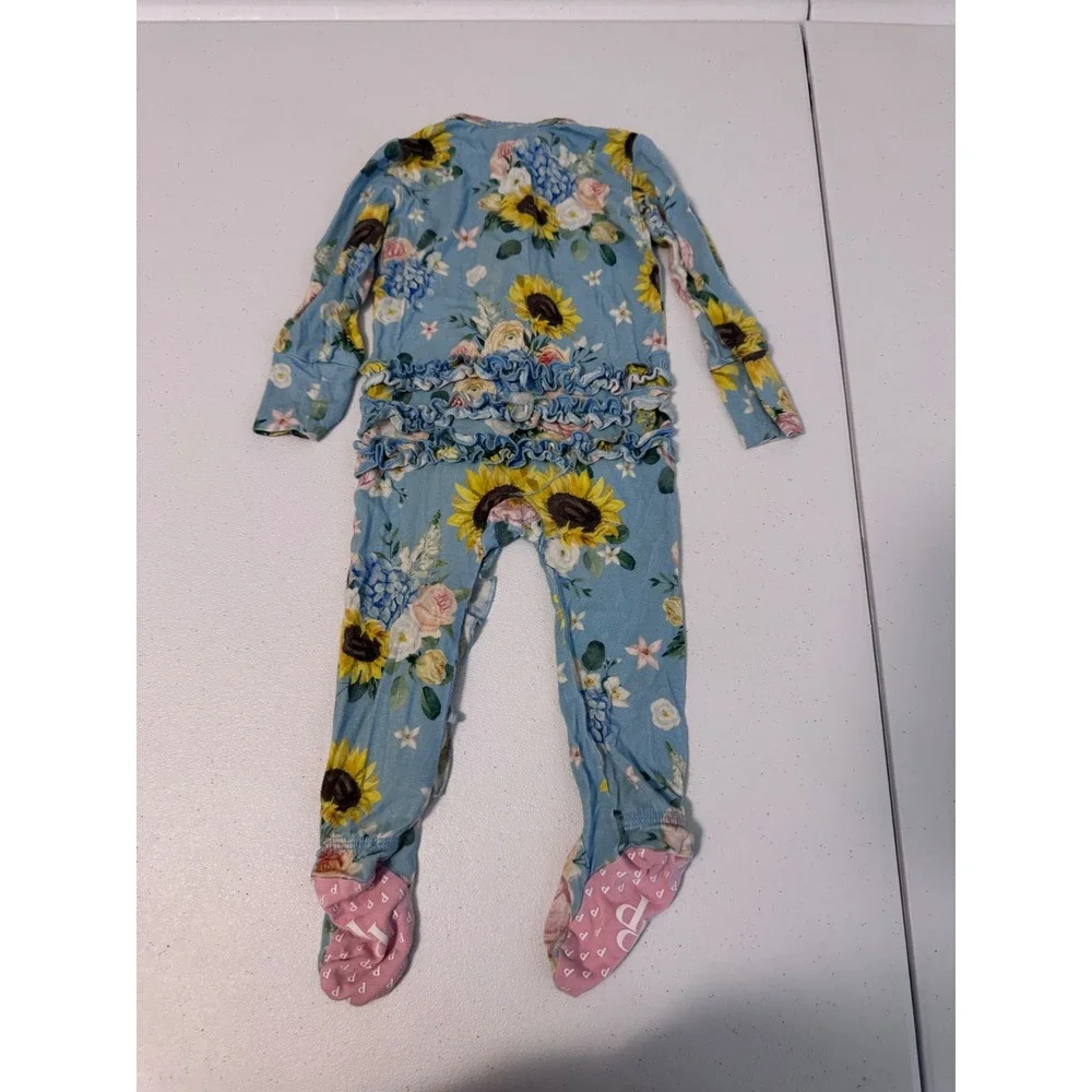 Posh Peanut Blue Sunflower Floral Ruffle Bamboo Footie Sleeper 3-6M Pajamas hh